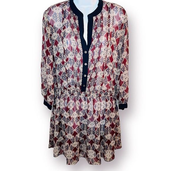 Club Monaco Sheer Silk Micro Pleat Front Drop Waist Dress Maroon Navy 4 - Picture 4 of 9